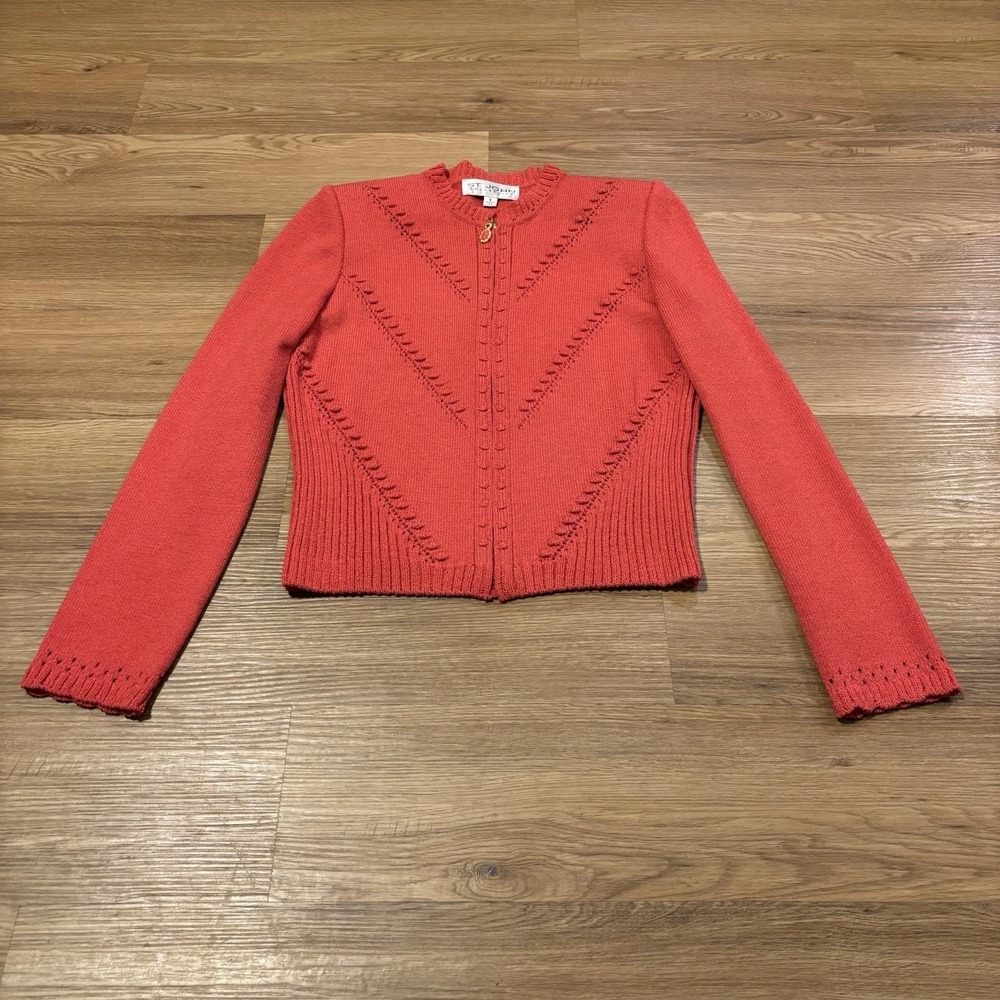 St John Collection Cardigan Sweater Sz 4 Santana Knit Full Zip Red Shoulder Pads